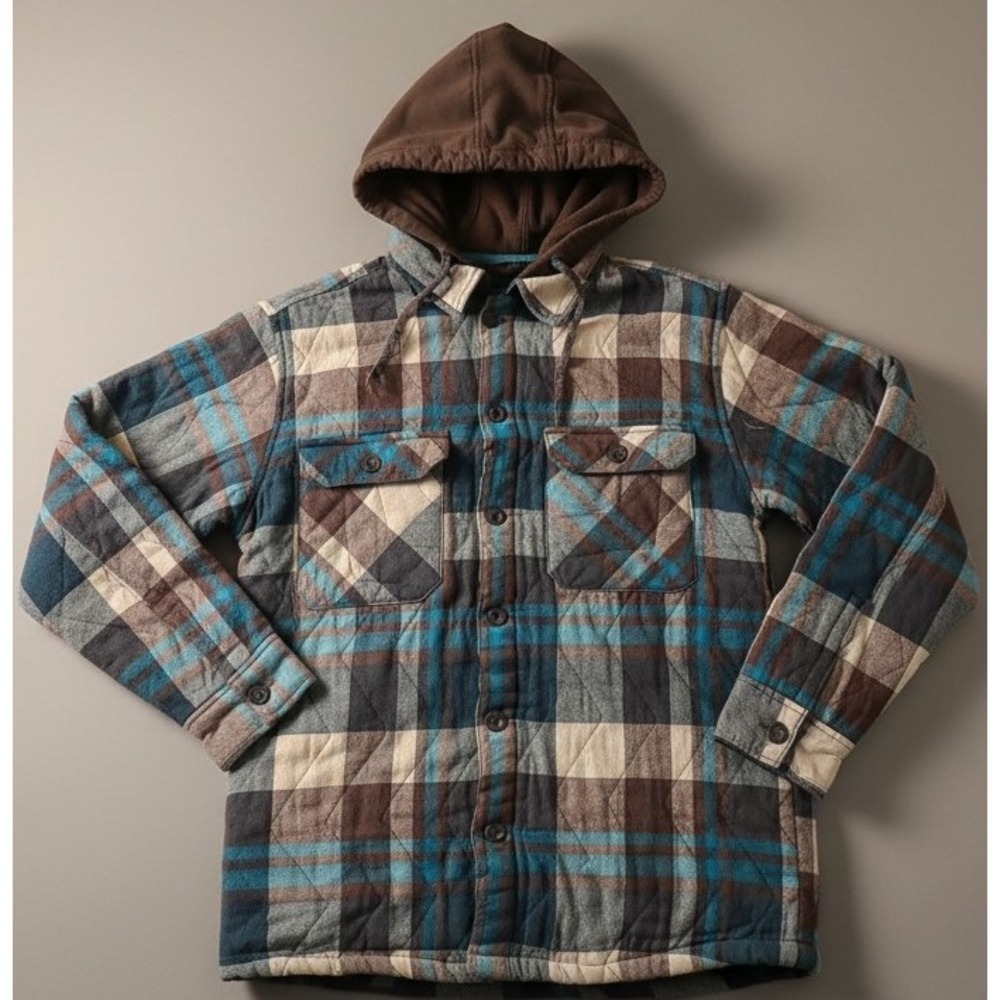 OP Ocean Pacific Men's Small Plaid Hooded Jacket Shirt Blue Brown Button Front